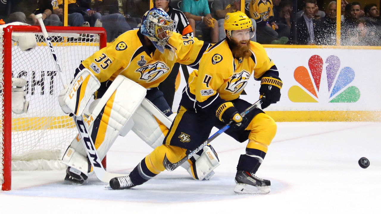 NASHVILLE, TN - JUNE 11: Pekka Rinne #35 of the Nashville Predators tends goal against the Pittsburgh Penguins during the first period in Game Six of the 2017 NHL Stanley Cup Final at the Bridgestone Arena on June 11, 2017 in Nashville, Tennessee.
