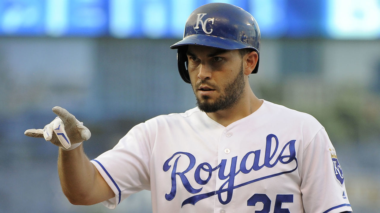 KANSAS CITY, MO - AUGUST 9: Eric Hosmer #35 of the Kansas City Royals celebrates a single in the first inning against the Chicago White Sox at Kauffman Stadium on August 9, 2016 in Kansas City, Missouri.