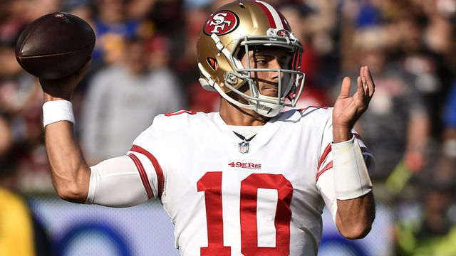 LOS ANGELES, CA - DECEMBER 31: Quarterback Jimmy Garoppolo #10 of the San Francisco 49ers throws a pass Los Angeles Rams during the first quarter at Los Angeles Memorial Coliseum on December 31, 2017 in Los Angeles, California.