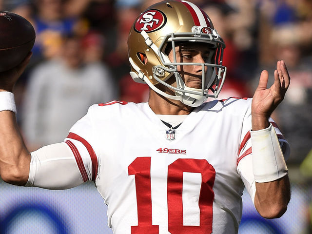 LOS ANGELES, CA - DECEMBER 31: Quarterback Jimmy Garoppolo #10 of the San Francisco 49ers throws a pass Los Angeles Rams during the first quarter at Los Angeles Memorial Coliseum on December 31, 2017 in Los Angeles, California.