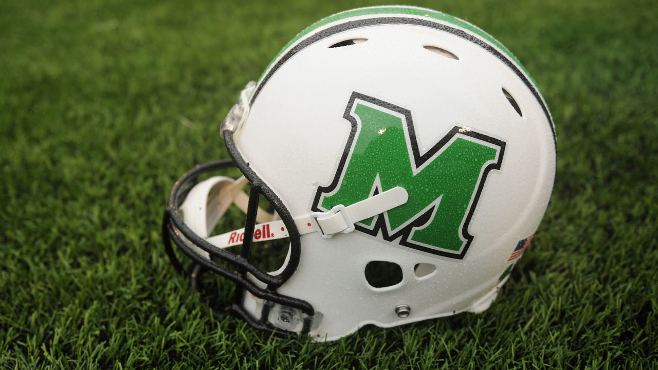HUNTINGTON, WV - DECEMBER 06: A Marshall Thundering Herd helmet as seen on the sideleine at Joan C. Edwards Stadium during the Conference USA championship game on December 6, 2014 in Huntington, West Virginia. The Thundering Herd defeat the Bulldogs 26-23.