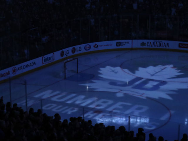 TORONTO, ON- JANUARY 2 - The Toronto Maple Leafs honour the memory of former great goaltender Johnny Bower who passed away on Boxing Day at the age of 93. Toronto Maple Leafs play the Tampa Bay Lightning at the Air Canada Centre in Toronto. January 2, 2018. (Steve Russell/Toronto Star via Getty Images)