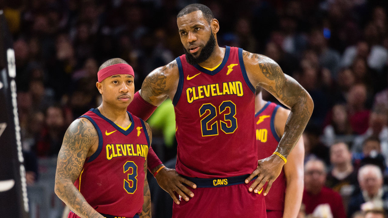 CLEVELAND, OH - JANUARY 2: Isaiah Thomas #3 listens to LeBron James #23 of the Cleveland Cavaliers during the first half against the Portland Trail Blazers at Quicken Loans Arena on January 2, 2018 in Cleveland, Ohio.