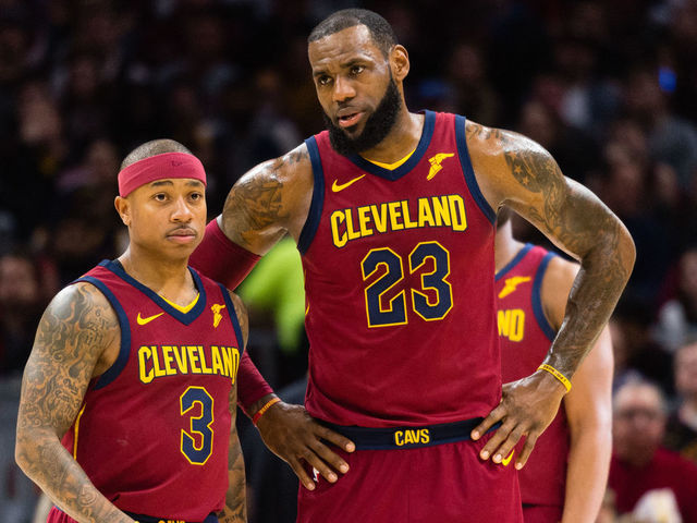 CLEVELAND, OH - JANUARY 2: Isaiah Thomas #3 listens to LeBron James #23 of the Cleveland Cavaliers during the first half against the Portland Trail Blazers at Quicken Loans Arena on January 2, 2018 in Cleveland, Ohio.