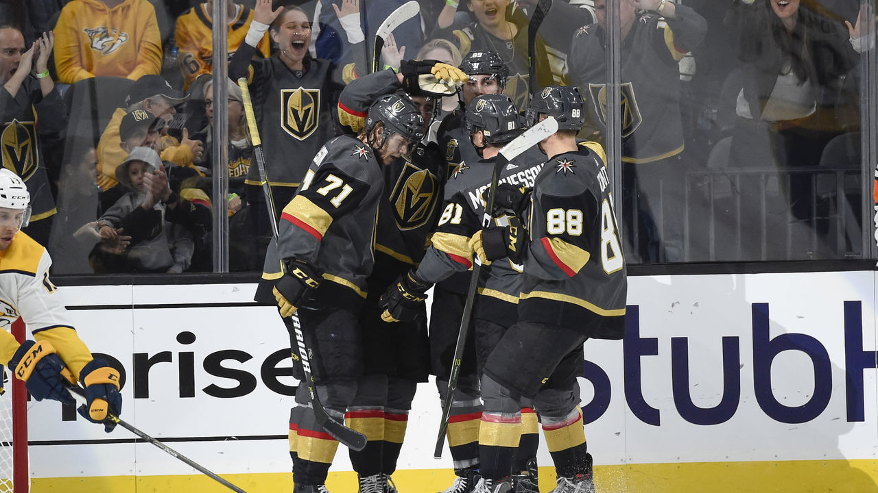 LAS VEGAS, NV - JANUARY 2: The Vegas Golden Knights celebrate after scoring a goal against the Nashville Predators during the game at T-Mobile Arena on January 2, 2018 in Las Vegas, Nevada.