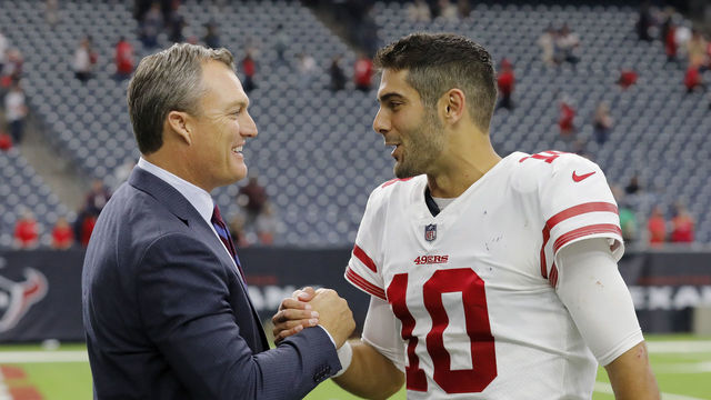 HOUSTON, TX - DECEMBER 10: Jimmy Garoppolo #10 of the San Francisco 49ers celebrates with general manager John Lynch after the game against the Houston Texans at NRG Stadium on December 10, 2017 in Houston, Texas.