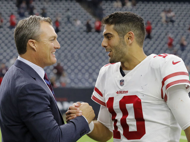 HOUSTON, TX - DECEMBER 10: Jimmy Garoppolo #10 of the San Francisco 49ers celebrates with general manager John Lynch after the game against the Houston Texans at NRG Stadium on December 10, 2017 in Houston, Texas.