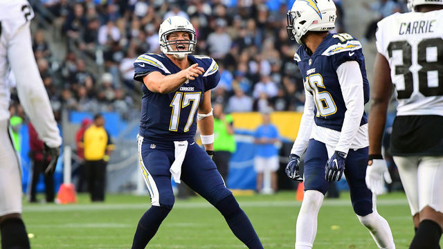 CARSON, CA - DECEMBER 31: Philip Rivers #17 of the Los Angeles Chargers calls a play at the line of scrimmage during the third quarter of the game against the Oakland Raiders at StubHub Center on December 31, 2017 in Carson, California.