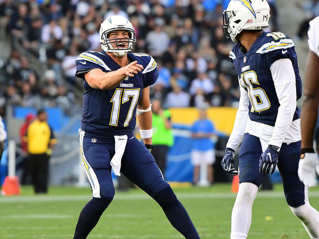 CARSON, CA - DECEMBER 31: Philip Rivers #17 of the Los Angeles Chargers calls a play at the line of scrimmage during the third quarter of the game against the Oakland Raiders at StubHub Center on December 31, 2017 in Carson, California.