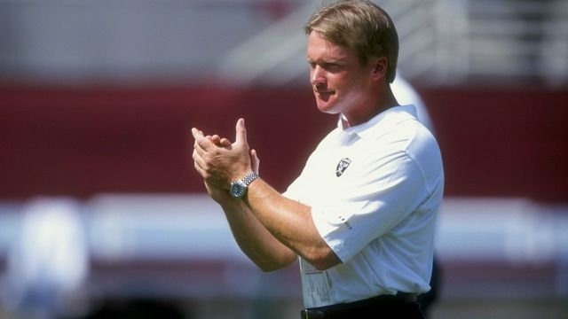 4 Oct 1998: Head coach Jon Gruden of the Oakland Raiders looks on during a game against the Arizona Cardinals at the Sun Devil Stadium in Tempe, Arizona. The Raiders defeated the Cardinals 23-20. Mandatory Credit: Todd Warshaw /Allsport