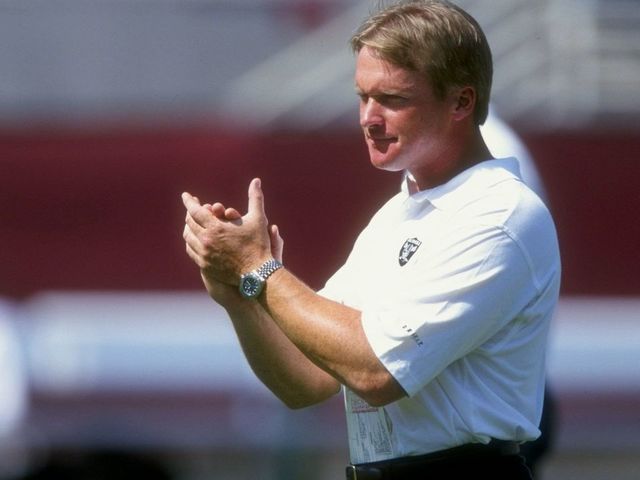 4 Oct 1998: Head coach Jon Gruden of the Oakland Raiders looks on during a game against the Arizona Cardinals at the Sun Devil Stadium in Tempe, Arizona. The Raiders defeated the Cardinals 23-20. Mandatory Credit: Todd Warshaw /Allsport