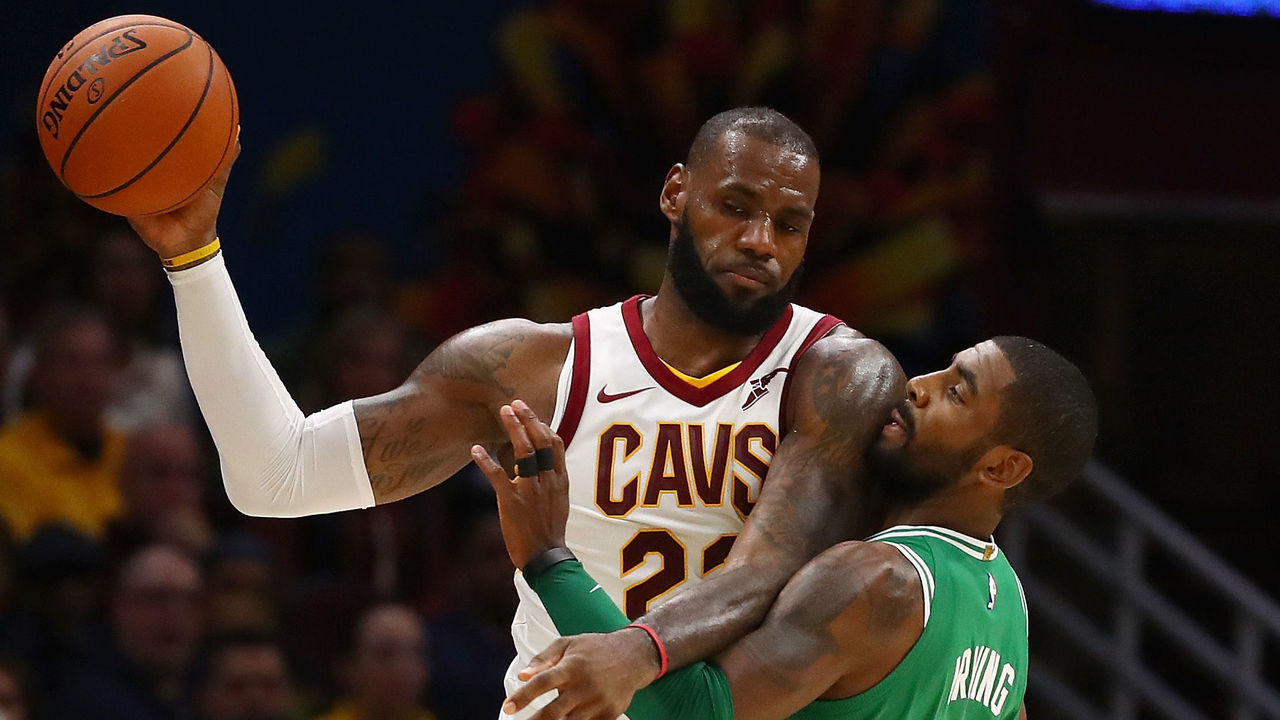 CLEVELAND, OH - OCTOBER 17: LeBron James #23 of the Cleveland Cavaliers looks to get around Kyrie Irving #11 of the Boston Celtics during the second half at Quicken Loans Arena on October 17, 2017 in Cleveland, Ohio. Cleveland won the game 102-99.