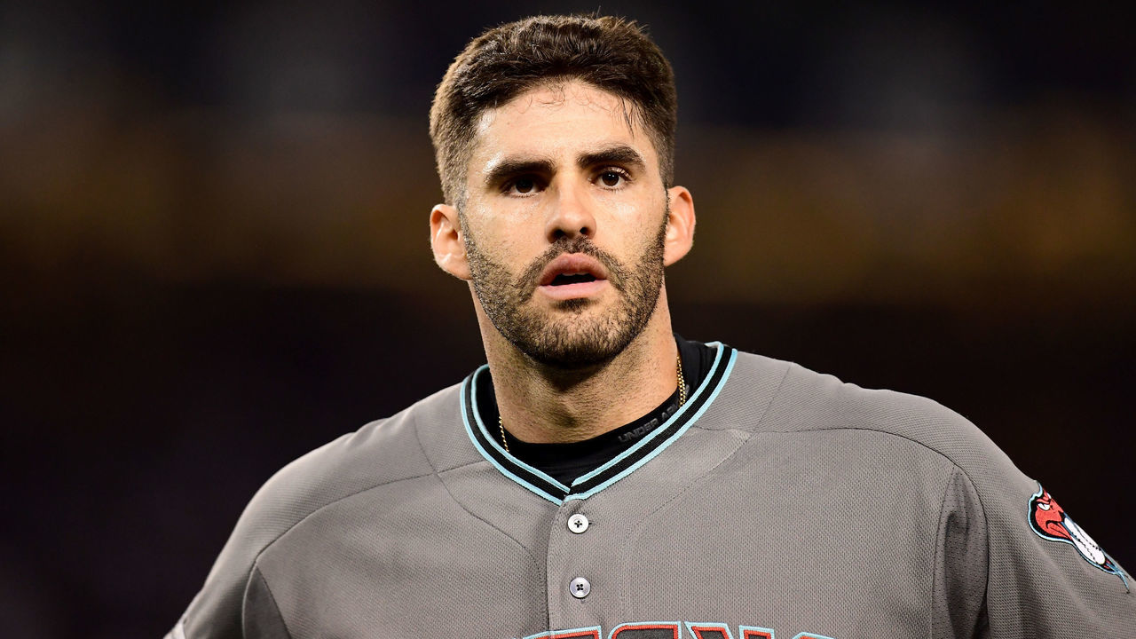 LOS ANGELES, CA - OCTOBER 06: J.D. Martinez #28 of the Arizona Diamondbacks reacts at the end of the eighth inning against the Los Angeles Dodgers in game one of the National League Division Series at Dodger Stadium on October 6, 2017 in Los Angeles, California.