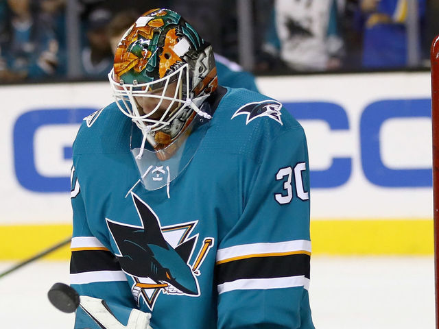 SAN JOSE, CA - OCTOBER 04: Aaron Dell #30 of the San Jose Sharks warms up before their game against the Philadelphia Flyers at SAP Center on October 4, 2017 in San Jose, California.