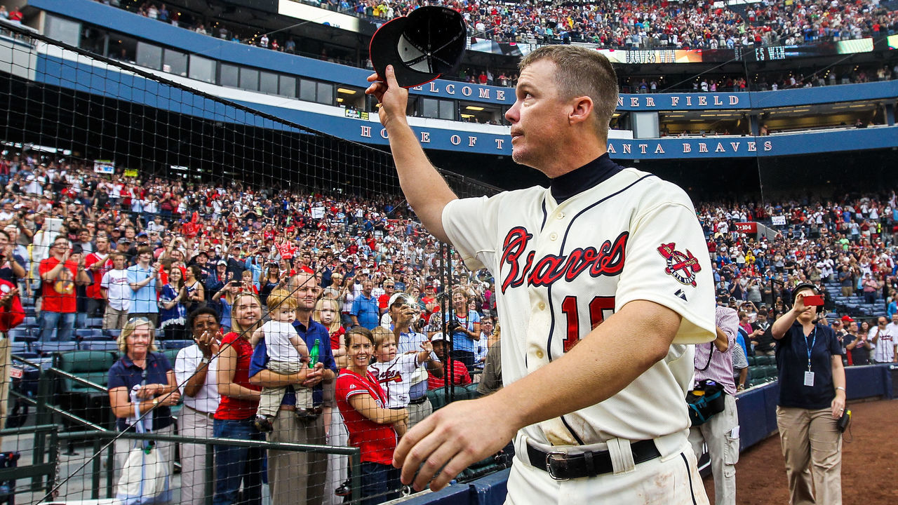 ATLANTA, GA - SEPTEMBER 30: Chipper Jones #10 of the Atlanta Braves waves his hat to fans after the game against the New York Mets at Turner Field on September 30, 2012 in Atlanta, Georgia. The Braves won 6-2.