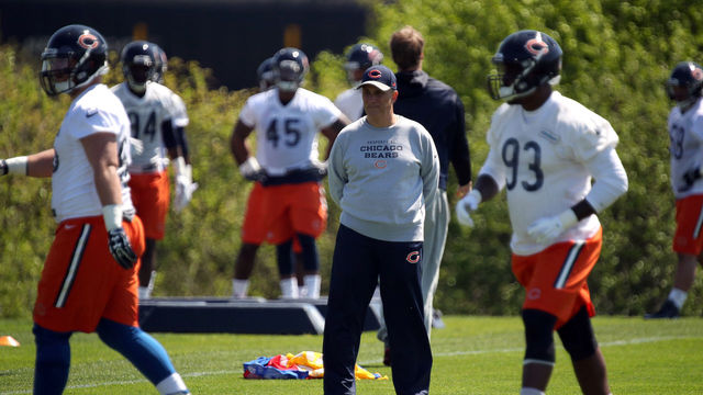 13 MAY 2016: Chicago Bears Defensive Coordinator Vic Fangio in action during the Chicago Bears Rookie minicamp at Hallas Hall, in Lake Forest, IL.