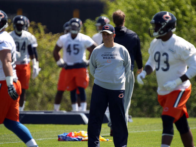 13 MAY 2016: Chicago Bears Defensive Coordinator Vic Fangio in action during the Chicago Bears Rookie minicamp at Hallas Hall, in Lake Forest, IL.
