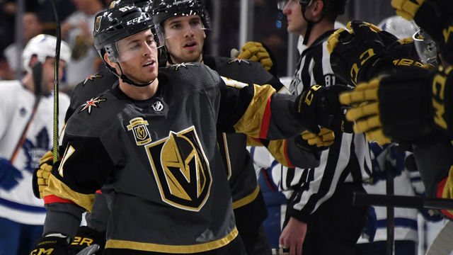 LAS VEGAS, NV - DECEMBER 31: Jonathan Marchessault #81 of the Vegas Golden Knights celebrates with teammates on the bench after scoring a third-period goal against the Toronto Maple Leafs at T-Mobile Arena on December 31, 2017 in Las Vegas, Nevada. The Golden Knights won 6-3.