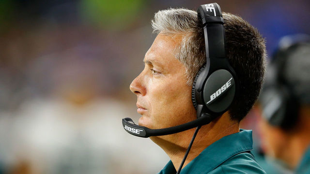DETROIT, MI - OCTOBER 09: Defensive Coordinator Jim Schwartz of the Philadelphia Eagles and formally head coach of the Detroit Lions watches his defense at Ford Field on October 9, 2016 in Detroit, Michigan.