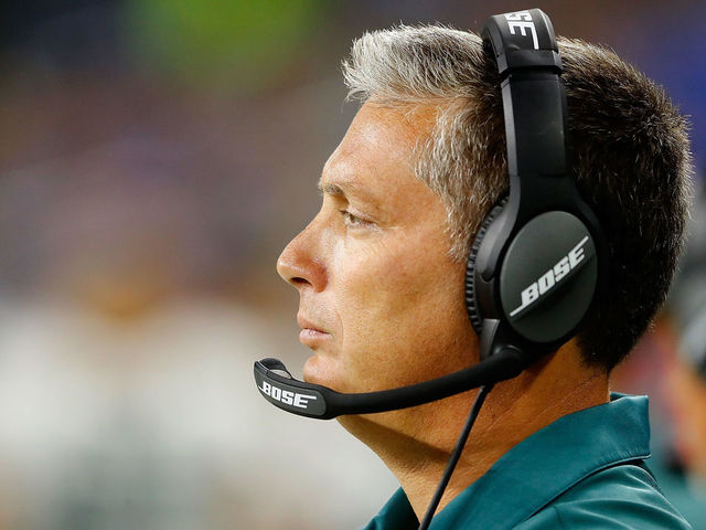 DETROIT, MI - OCTOBER 09: Defensive Coordinator Jim Schwartz of the Philadelphia Eagles and formally head coach of the Detroit Lions watches his defense at Ford Field on October 9, 2016 in Detroit, Michigan.