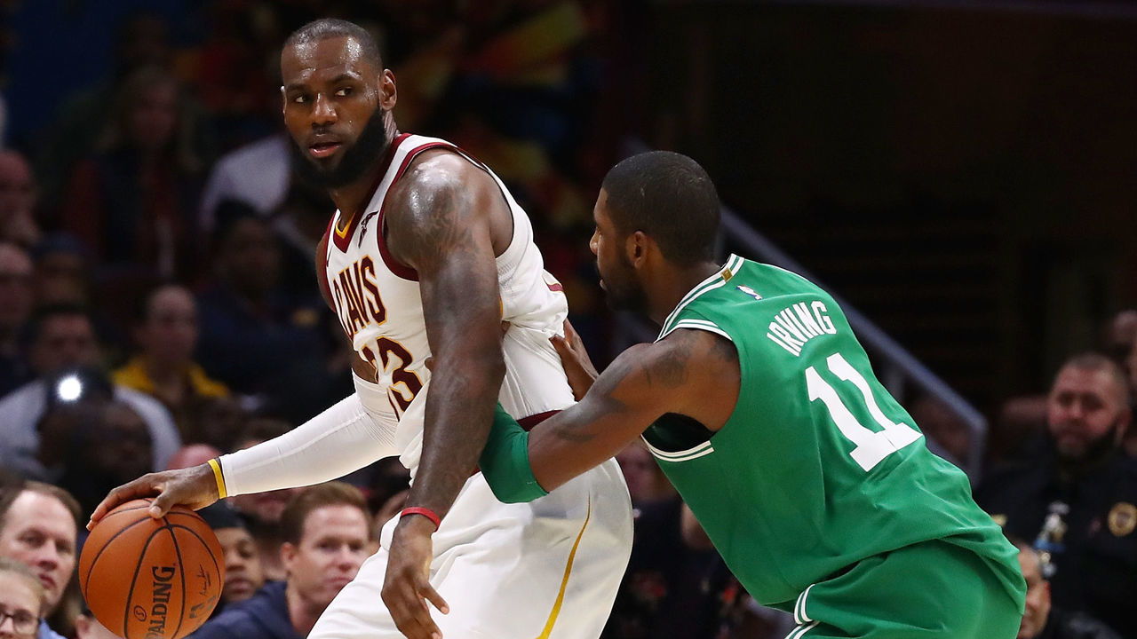 CLEVELAND, OH - OCTOBER 17: LeBron James #23 of the Cleveland Cavaliers looks to get around Kyrie Irving #11 of the Boston Celtics during the second half at Quicken Loans Arena on October 17, 2017 in Cleveland, Ohio. Cleveland won the game 102-99.