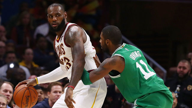CLEVELAND, OH - OCTOBER 17: LeBron James #23 of the Cleveland Cavaliers looks to get around Kyrie Irving #11 of the Boston Celtics during the second half at Quicken Loans Arena on October 17, 2017 in Cleveland, Ohio. Cleveland won the game 102-99.