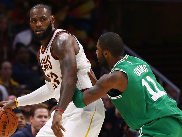 CLEVELAND, OH - OCTOBER 17: LeBron James #23 of the Cleveland Cavaliers looks to get around Kyrie Irving #11 of the Boston Celtics during the second half at Quicken Loans Arena on October 17, 2017 in Cleveland, Ohio. Cleveland won the game 102-99.