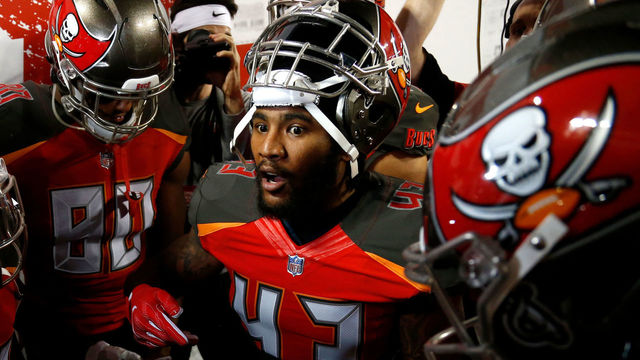TAMPA, FL - DECEMBER 18: Defensive back T.J. Ward #43 of the Tampa Bay Buccaneers the tunnel to warm up before the start of an NFL football game against the Atlanta Falcons on December 18, 2017 at Raymond James Stadium in Tampa, Florida.