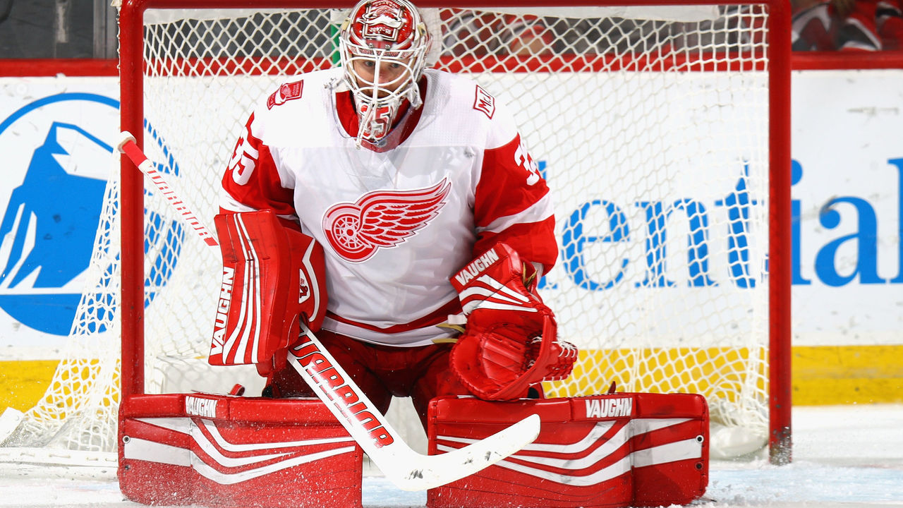 NEWARK, NJ - DECEMBER 27: Jimmy Howard #35 of the Detroit Red Wings skates against the New Jersey Devils at the Prudential Center on December 27, 2017 in Newark, New Jersey.