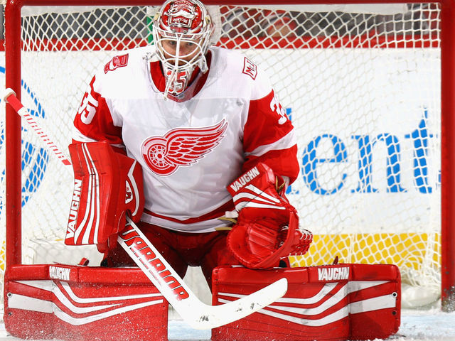NEWARK, NJ - DECEMBER 27: Jimmy Howard #35 of the Detroit Red Wings skates against the New Jersey Devils at the Prudential Center on December 27, 2017 in Newark, New Jersey.