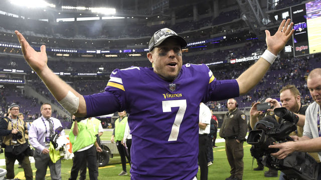MINNEAPOLIS, MN - DECEMBER 17: Case Keenum #7 of the Minnesota Vikings wears an 'NFC North Champions' hat after the game against the Cincinnati Bengals on December 17, 2017 at U.S. Bank Stadium in Minneapolis, Minnesota. The Vikings defeated the Bengals 34-7 and clinched the NFC North Division.