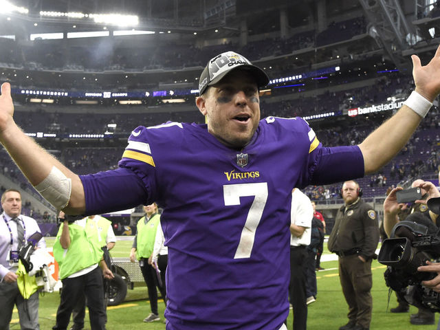 MINNEAPOLIS, MN - DECEMBER 17: Case Keenum #7 of the Minnesota Vikings wears an 'NFC North Champions' hat after the game against the Cincinnati Bengals on December 17, 2017 at U.S. Bank Stadium in Minneapolis, Minnesota. The Vikings defeated the Bengals 34-7 and clinched the NFC North Division.