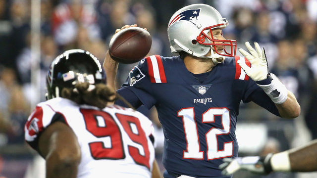 FOXBORO, MA - OCTOBER 22: Tom Brady #12 of the New England Patriots throws during the first quarter of a game against the Atlanta Falcons at Gillette Stadium on October 22, 2017 in Foxboro, Massachusetts.