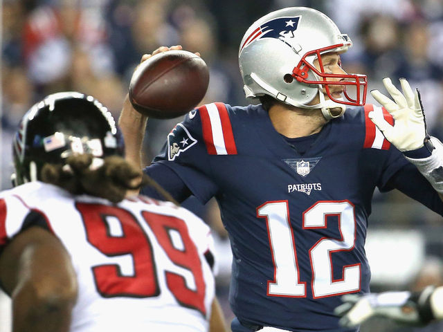 FOXBORO, MA - OCTOBER 22: Tom Brady #12 of the New England Patriots throws during the first quarter of a game against the Atlanta Falcons at Gillette Stadium on October 22, 2017 in Foxboro, Massachusetts.