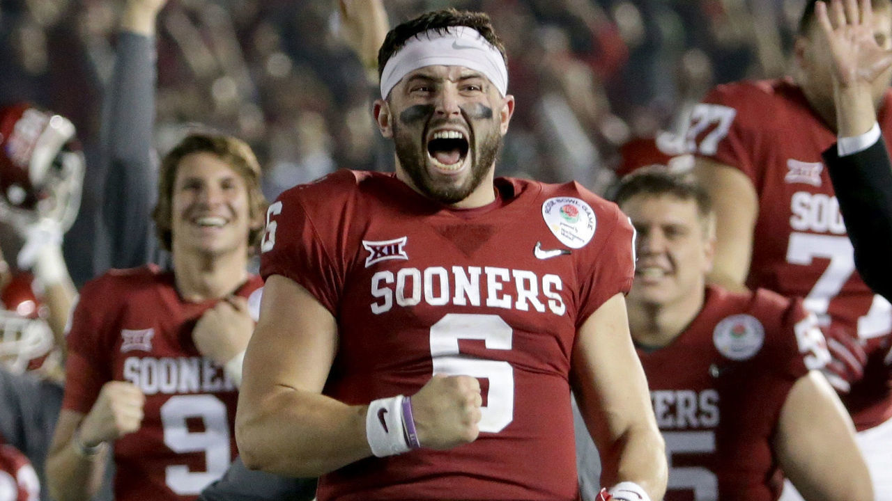 PASADENA, CA - JANUARY 01: Baker Mayfield #6 of the Oklahoma Sooners celebrates after Steven Parker #10 of the Oklahoma Sooners scores a 46 yard touchdown because of a fumble by Sony Michel #1 of the Georgia Bulldogs in the 2018 College Football Playoff Semifinal at the Rose Bowl Game presented by Northwestern Mutual at the Rose Bowl on January 1, 2018 in Pasadena, California.