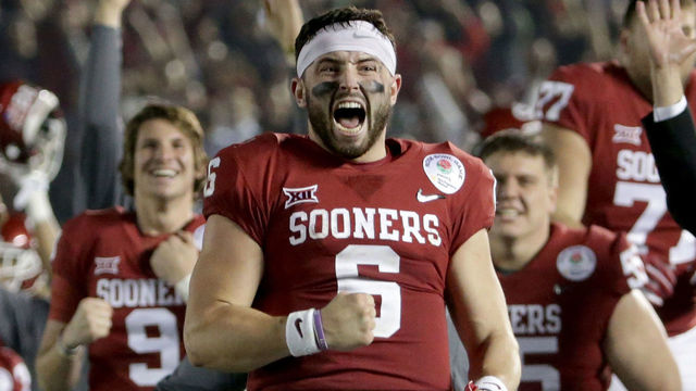 PASADENA, CA - JANUARY 01: Baker Mayfield #6 of the Oklahoma Sooners celebrates after Steven Parker #10 of the Oklahoma Sooners scores a 46 yard touchdown because of a fumble by Sony Michel #1 of the Georgia Bulldogs in the 2018 College Football Playoff Semifinal at the Rose Bowl Game presented by Northwestern Mutual at the Rose Bowl on January 1, 2018 in Pasadena, California.
