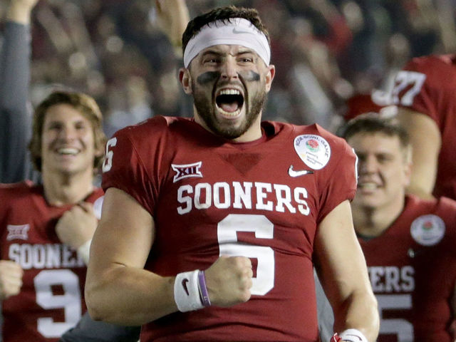 PASADENA, CA - JANUARY 01: Baker Mayfield #6 of the Oklahoma Sooners celebrates after Steven Parker #10 of the Oklahoma Sooners scores a 46 yard touchdown because of a fumble by Sony Michel #1 of the Georgia Bulldogs in the 2018 College Football Playoff Semifinal at the Rose Bowl Game presented by Northwestern Mutual at the Rose Bowl on January 1, 2018 in Pasadena, California.