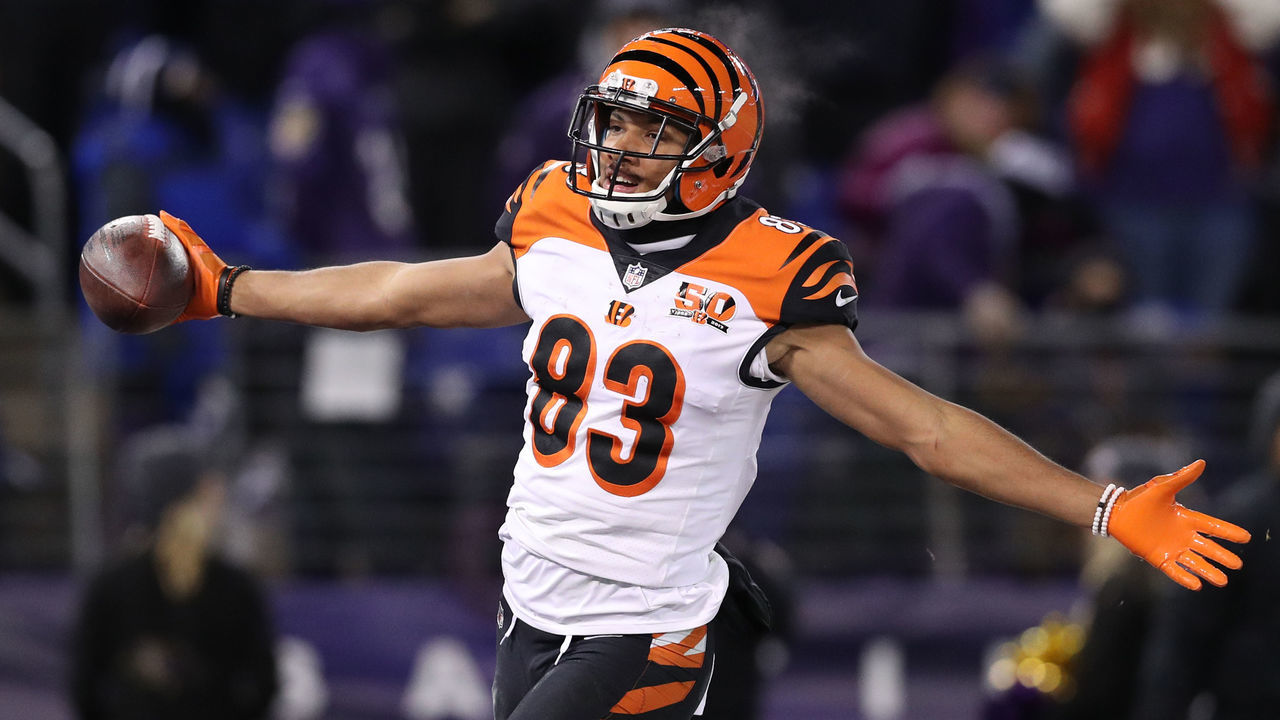 BALTIMORE, MD - DECEMBER 31: Wide Receiver Tyler Boyd #83 of the Cincinnati Bengals celebrates after scoring a touchdown in the fourth quarter against the Baltimore Ravens at M&T Bank Stadium on December 31, 2017 in Baltimore, Maryland.