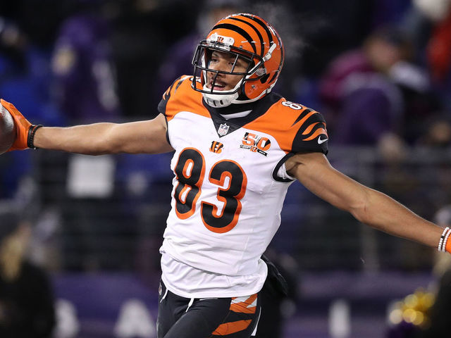 BALTIMORE, MD - DECEMBER 31: Wide Receiver Tyler Boyd #83 of the Cincinnati Bengals celebrates after scoring a touchdown in the fourth quarter against the Baltimore Ravens at M&T Bank Stadium on December 31, 2017 in Baltimore, Maryland.