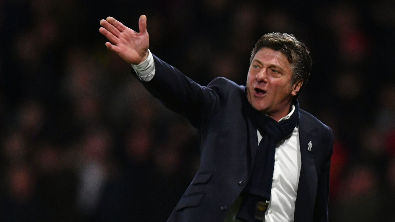 WATFORD, ENGLAND - MAY 01: Walter Mazzarri the manager of Watford reacts during the Premier League match between Watford and Liverpool at Vicarage Road on May 1, 2017 in Watford, England.
