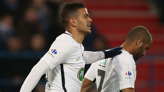 Paris Saint-Germain's Brazilian midfielder Lucas Moura (C) and Paris Saint-Germain's French forward Hatem Ben Arfa (L) walk on the pitch during the French Cup football match between Avranches (USA) and Paris Saint-Germain (PSG) at Michel D'Ornano Stadium in Caen on April 5, 2017. / AFP PHOTO / CHARLY TRIBALLEAU