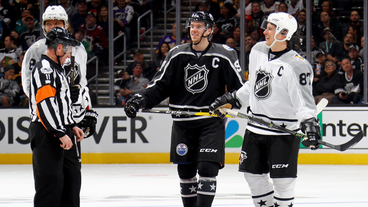 LOS ANGELES, CA - JANUARY 29: Connor McDavid #97 of the Edmonton Oilers and Sidney Crosby #87 of the Pittsburgh Penguins stand on the ice during the 2017 Honda NHL All-Star Tournament Final between the Pacific Division All-Stars and the Metropolitan Division All-Stars at Staples Center on January 29, 2017 in Los Angeles, California.