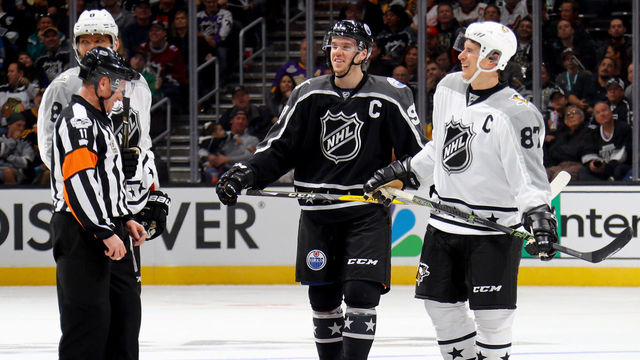 LOS ANGELES, CA - JANUARY 29: Connor McDavid #97 of the Edmonton Oilers and Sidney Crosby #87 of the Pittsburgh Penguins stand on the ice during the 2017 Honda NHL All-Star Tournament Final between the Pacific Division All-Stars and the Metropolitan Division All-Stars at Staples Center on January 29, 2017 in Los Angeles, California.