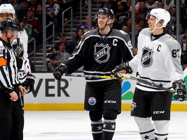 LOS ANGELES, CA - JANUARY 29: Connor McDavid #97 of the Edmonton Oilers and Sidney Crosby #87 of the Pittsburgh Penguins stand on the ice during the 2017 Honda NHL All-Star Tournament Final between the Pacific Division All-Stars and the Metropolitan Division All-Stars at Staples Center on January 29, 2017 in Los Angeles, California.