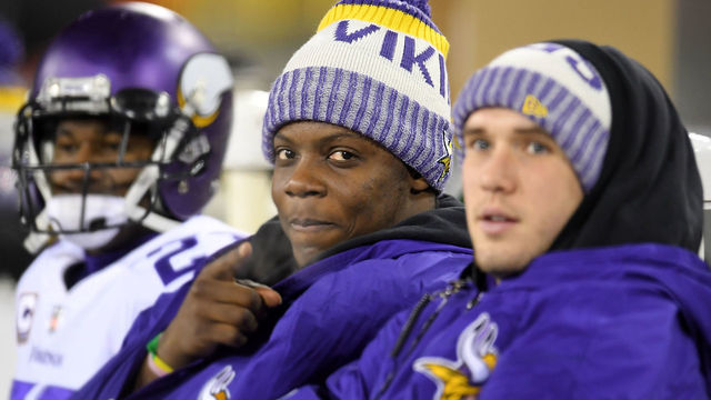 GREEN BAY, WI - DECEMBER 23: Teddy Bridgewater #5 of the Minnesota Vikings sits on the bench during the second half of a game against the Green Bay Packers at Lambeau Field on December 23, 2017 in Green Bay, Wisconsin. The Vikings won the game 16-0.