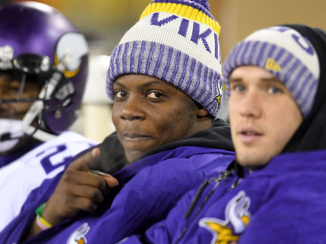 GREEN BAY, WI - DECEMBER 23: Teddy Bridgewater #5 of the Minnesota Vikings sits on the bench during the second half of a game against the Green Bay Packers at Lambeau Field on December 23, 2017 in Green Bay, Wisconsin. The Vikings won the game 16-0.