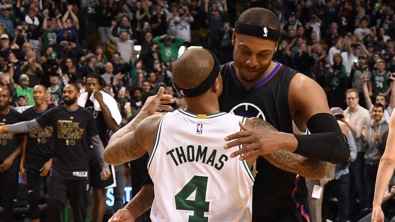BOSTON, MA - FEBRUARY 5: Paul Pierce #34 of the LA Clippers and Isaiah Thomas #4 of the Boston Celtics are seen after the game on February 5, 2017 at the TD Garden in Boston, Massachusetts. Mandatory Copyright Notice: Copyright 2017 NBAE