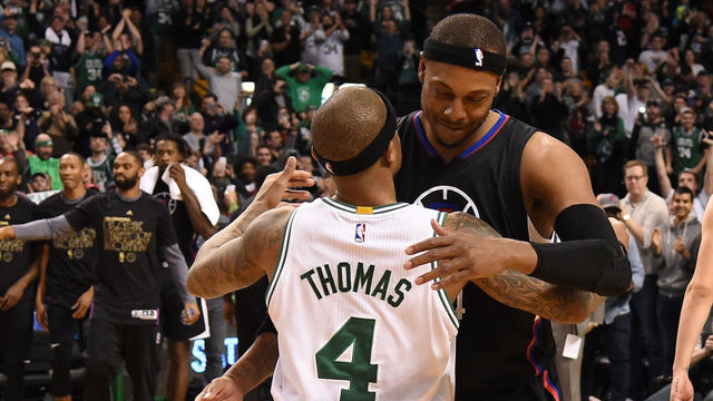 BOSTON, MA - FEBRUARY 5: Paul Pierce #34 of the LA Clippers and Isaiah Thomas #4 of the Boston Celtics are seen after the game on February 5, 2017 at the TD Garden in Boston, Massachusetts. Mandatory Copyright Notice: Copyright 2017 NBAE
