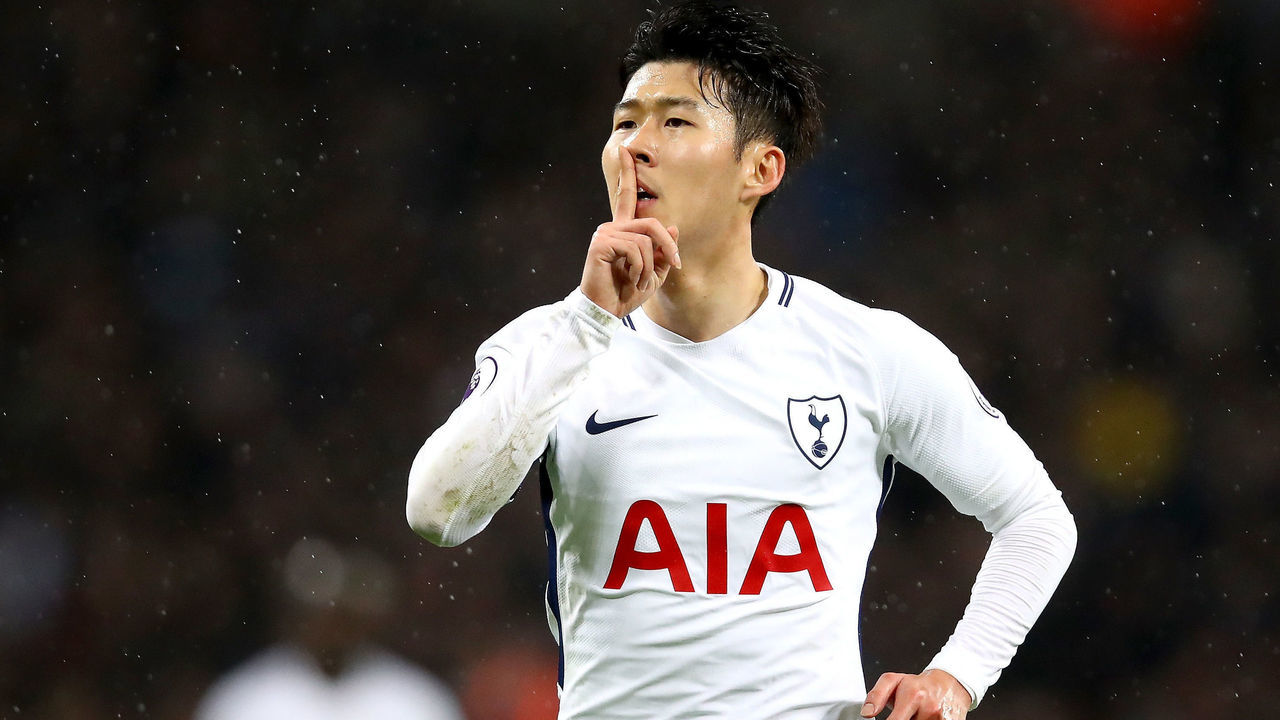 LONDON, ENGLAND - JANUARY 04: Heung-Min Son of Tottenham Hotspur celebrates after scoring his sides first goal during the Premier League match between Tottenham Hotspur and West Ham United at Wembley Stadium on January 4, 2018 in London, England.