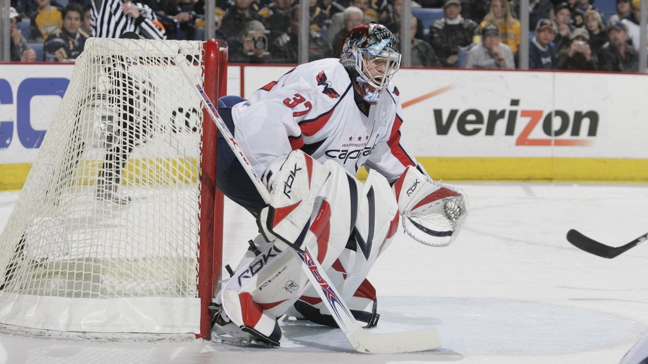 BUFFALO, NEW YORK - MARCH 5: Goaltender Olie Kolzig #37 of the Washington Capitals waits for a shot against the Buffalo Sabres during their NHL game on March 5, 2008 at HSBC Arena in Buffalo, New York.